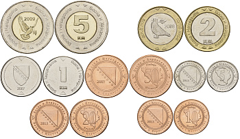 Босния и Герцеговина лот из 7 монет 2007-2013 5, 10, 20, 50 фенигов, 1, 2, 5 марок (2 монеты биметалл) UNC M76-20