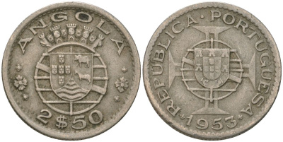 Ангола 2 1/2 эскудо 1953 KM 77 медно-никель 4621-646