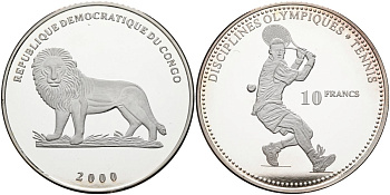 Конго 10 франков 2000 олимпийские дисциплины, большой теннис KM 46 серебро PROOF 00-000-00
