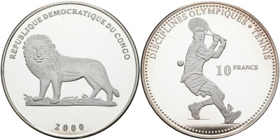Конго 10 франков 2000 олимпийские дисциплины, большой теннис KM 46 серебро PROOF 00-000-00