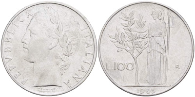 ИТАЛИЯ 100 ЛИР 1965 R, АФИНА KM 96.1 нержавеющая сталь 4526-316