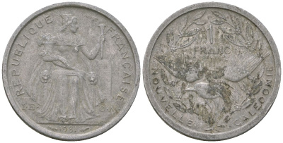 Французская Новая Каледония 1 франк 1981 птица кагу, (IEOM) KM 10, Schoen 10, Lec 44 алюминий    51-1123