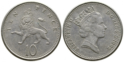 Великобритания 10 пенсов 1992 Елизавета II (1952-2022) KM 938b, Spink 4367 (F4) медно-никель 4179-921