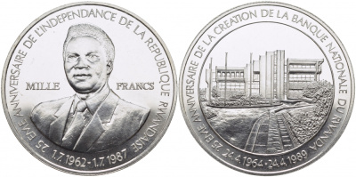 Руанда 1000 франков 1989 25 лет Национальному банку и 25 лет Независимости KM 17 серебро UNC 1071-9-13