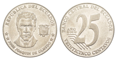 Эквадор 25 сентаво 2000 KM 107 нержавеющая сталь 4641-556