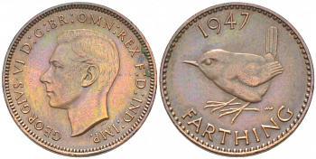 Великобритания 1 фартинг 1947 Георг VI (1936-1952) KM 843, Spink 4116 бронза 3955-265