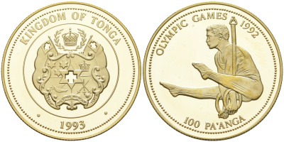 Тонга 100 паанга 1993 Олимпийские игры 1992 года, гимнаст, тираж 3000 экземпляров KM 155 золото PROOF 00-808-24