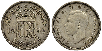 Великобритания 6 пенсов 1942 Георг VI (1936-1952) KM 852, Spink 4084 серебро 4538-513