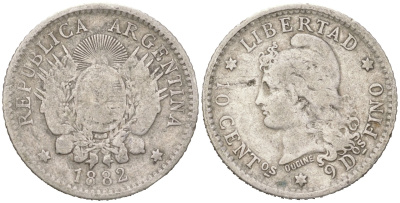 Аргентина 10 сентаво 1882 KM 26 серебро 4621-1042