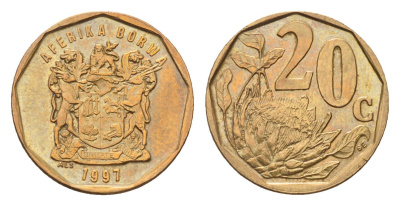ЮАР 20 центов 1997 герб, цветок протея KM 162 сталь плакированная латунью UNC 4694-854