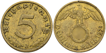 Германия 5 рейхспфеннигов 1938 J KM 91, J. 363 алюминиевая бронза 4151-859