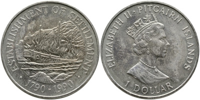 ОСТРОВ ПИТКЕРН 1 ДОЛЛАР 1990 ПЫЛАЮЩИЙ ПАРУСНИК БАУНТИ, 200 ЛЕТ ПЕРВЫМ ПОСЕЛЕНИЯМ (1790-1990) KM 7 медно-никель 4527-923