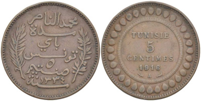 Тунис 5 сантимов 1916 A KM 235 бронза     4523-756