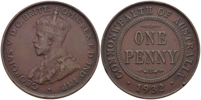 АВСТРАЛИЯ 1 ПЕННИ 1932 ГЕОРГ V KM 23 бронза 82-731