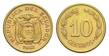 Эквадор 10 сентаво 1942 KM 76a латунь 1528-1424