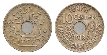 Тунис 10 сантимов 1918 KM 243 никель латунь 4655-434