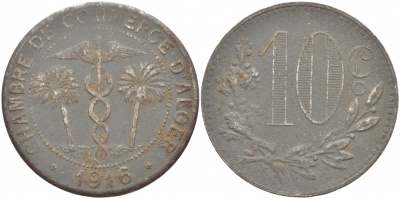 Алжир, Французская оккупация 10 сантимов 1916 Alger Chamber of Commerce KM TnA6 железо 114-923