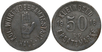 Швебиш-Халль (Вюртемберг) 50 пфеннигов 1918 Funck 186.9, Men05 10238.9, Men18 12736.9 железо 4597-533