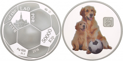 Лаос 50000 кипов 2018 год собаки, футбол, эмаль, сертификат KM NEW серебро PROOF 11-242-13