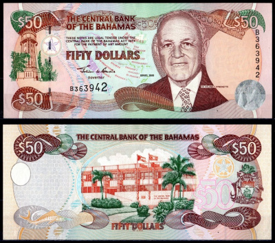 Багамский Острова (Багамы) 50 долларов 2000 Сэр Роланд Т. Симонетт, Здание Центрального банка Pick 66 бумага UNC (пресс) 451-417-2