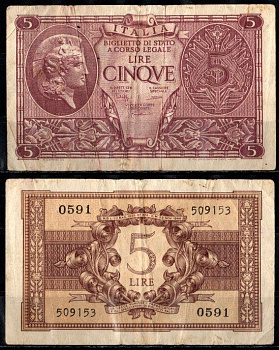 Италия 5 лир 1944 Pick 31 c бумага 2198-28-3-2