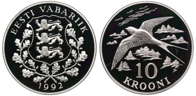 Эстония 10 крон 1992 ласточка, с сертификатом KM 26 серебро PROOF 1065-1-31