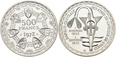 Валютный Союз стран Западной Африки 500 франков 1972 10 ЛЕТ монетНОМУ СОЮЗУ, гербЫ KM 7 серебро PROOFLIKE 00-000-00