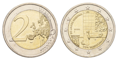 Германия 2 евро 2020 J, 50 лет коленопреклонению в Варшаве KM 388 биметалл UNC 68-844