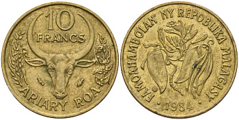 Мадагаскар 10 франков 1984 KM 11 алюминиевая бронза 4141-624