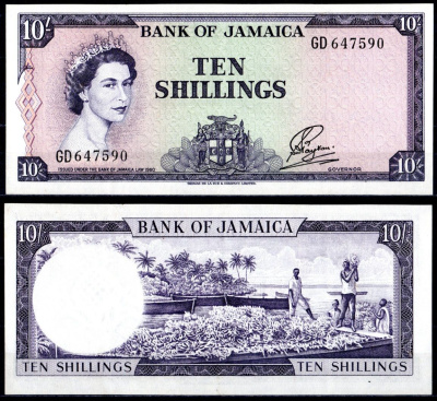 Ямайка 10 шиллингов 1960 (1964) королева Елизавета II (1952-2022), банановая плантация Pick 51 Bb бумага UNC (пресс) 451-418-1
