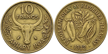 Мадагаскар 10 франков 1972 KM 11 алюминиевая бронза 4141-615