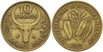 Мадагаскар 10 франков 1972 KM 11 алюминиевая бронза 4141-615