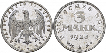 Германия 3 марки 1923 E, 3 года Веймарской конституции Weege 18, J.303, KM 29 алюминий PROOF 00-814-28