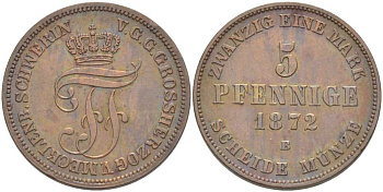 Мекленбург-Шверин 5 пфеннигов 1872 В, Фридрих Франц II (1842-1883) KM 317 (C104), Jaeger 62, AKS 45 медь 4448-1255