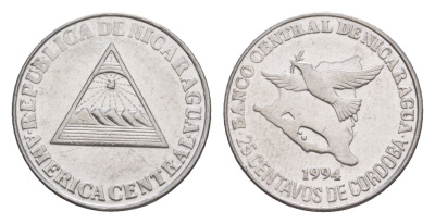 Никарагуа 25 сентаво 1994 KM 82 хромированная сталь 4640-1038