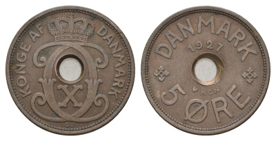 Дания 5 эре 1927 NCH, Кристиан X (1912-1947) KM 828 бронза 4700-752
