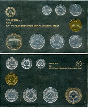 ГДР официальный набор из 8 монет включая 5 марок Бранденбургские ворота 1984 тираж 4500 экземпляров, твердый пластик KM MS9   UNC  8-2-04-10