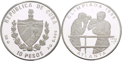 Куба 10 песо 1994 XXVI летние Олимпийские игры 1996 года в Атланте, бокс KM 469 серебро PROOF 1069-10-43