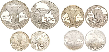 ЮАР набор из 4 монет 2002 Дикая природа 2002, слоны, 5, 10, 20, 50 центов (1/4 oz, 1/2 oz, 1 oz, 2 oz), в оригинальной коробке с сертификатом №0182, тираж 1000 экз, KM 351, 352, 353, 354 серебро PROOF 3-5-2-50