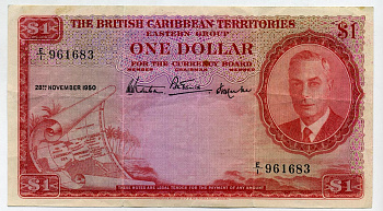 Британские Карибские территории 1 доллар 1950 28 ноября 1950, Георг VI (1936-1952), Британская администрация, Bradbury Wilkinson & Co Pick 1 бумага 451-117-2