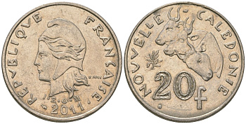 Французская Новая Каледония 20 франков 2011 три быка, (IEOM) KM 12a, Schoen 14a медно-никель 4137-432