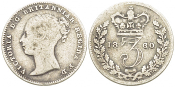 Великобритания 3 пенса 1860 Виктория (1837-1901) KM 730, Spink 3914А серебро 1515-2232
