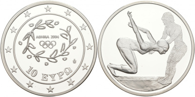 Греция 10 евро 2003 XXVIII летние Олимпийские игры 2004 года в Афинах, плавание KM 200 серебро PROOF 02-012-35