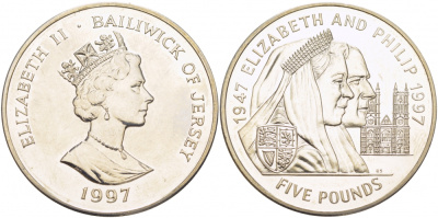 Джерси 5 фунтов 1997 Елизавета и Филипп, золотая свадьба KM 100 медно-никель UNC 118-435