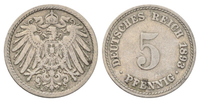 Германия 5 пфеннигов 1893 A KM 11, J. 12 медно-никель 4701-1025