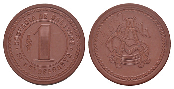 Чили, Антофагаста (Antofagasta) шахтерский жетон с Селитряного рудника для покупки в местных магазинах, номиналом в 1 песо около 1904 диаметр 34,5 мм, вес 4,19 гр Espinosa 22.6 эбонит (красный) 1094-11-23