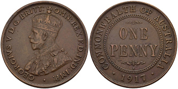 АВСТРАЛИЯ 1 ПЕННИ 1917 ГЕОРГ V KM 23 бронза 82-713