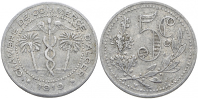Алжир, Французская оккупация 5 сантимов 1919 Alger Chamber of Commerce KM TnA1 алюминий 4448-415