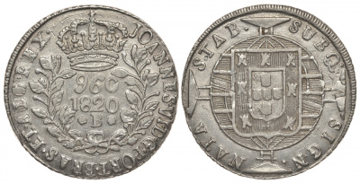 Бразилия 960 рейс 1820 В, монетный двор Бахия (Bahia), перечекан, Gomes J6 26.02, KM 326.2 серебро 00-819-33