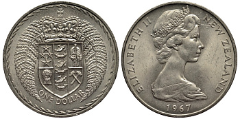 Новая Зеландия 1 доллар 1967 переход на десятичную систему, Елизавета II (1952-2022) KM 38.1 медно-никель 4537-111